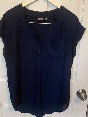 New York & Company Navy Short-Sleeve V-Neck Blouse with Chest Pocket